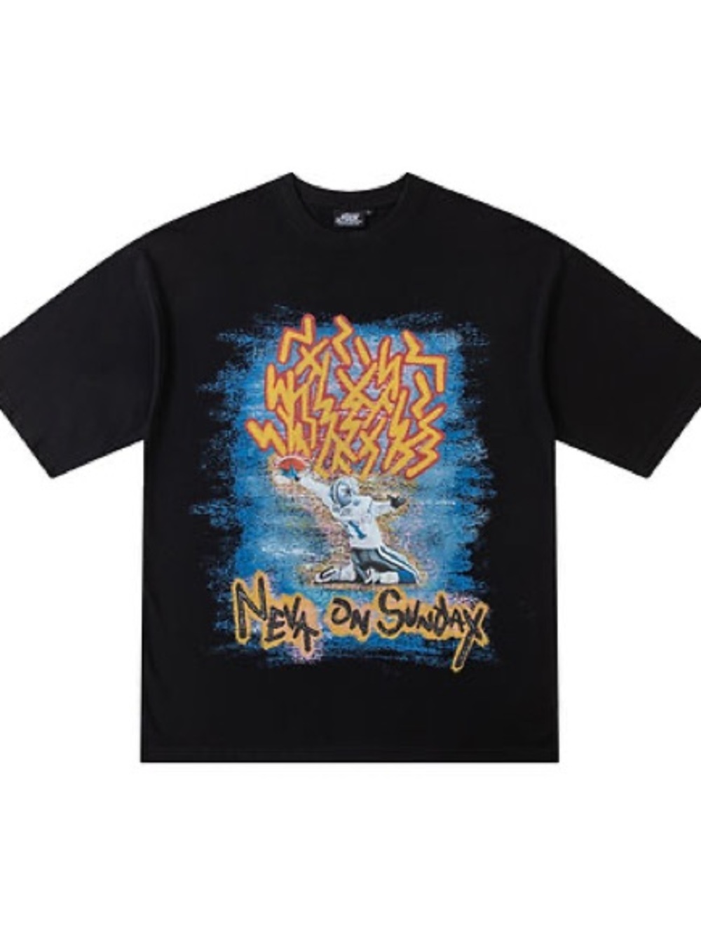 Black Short Sleeve Graphic Tee with Blue & Orange Artwork